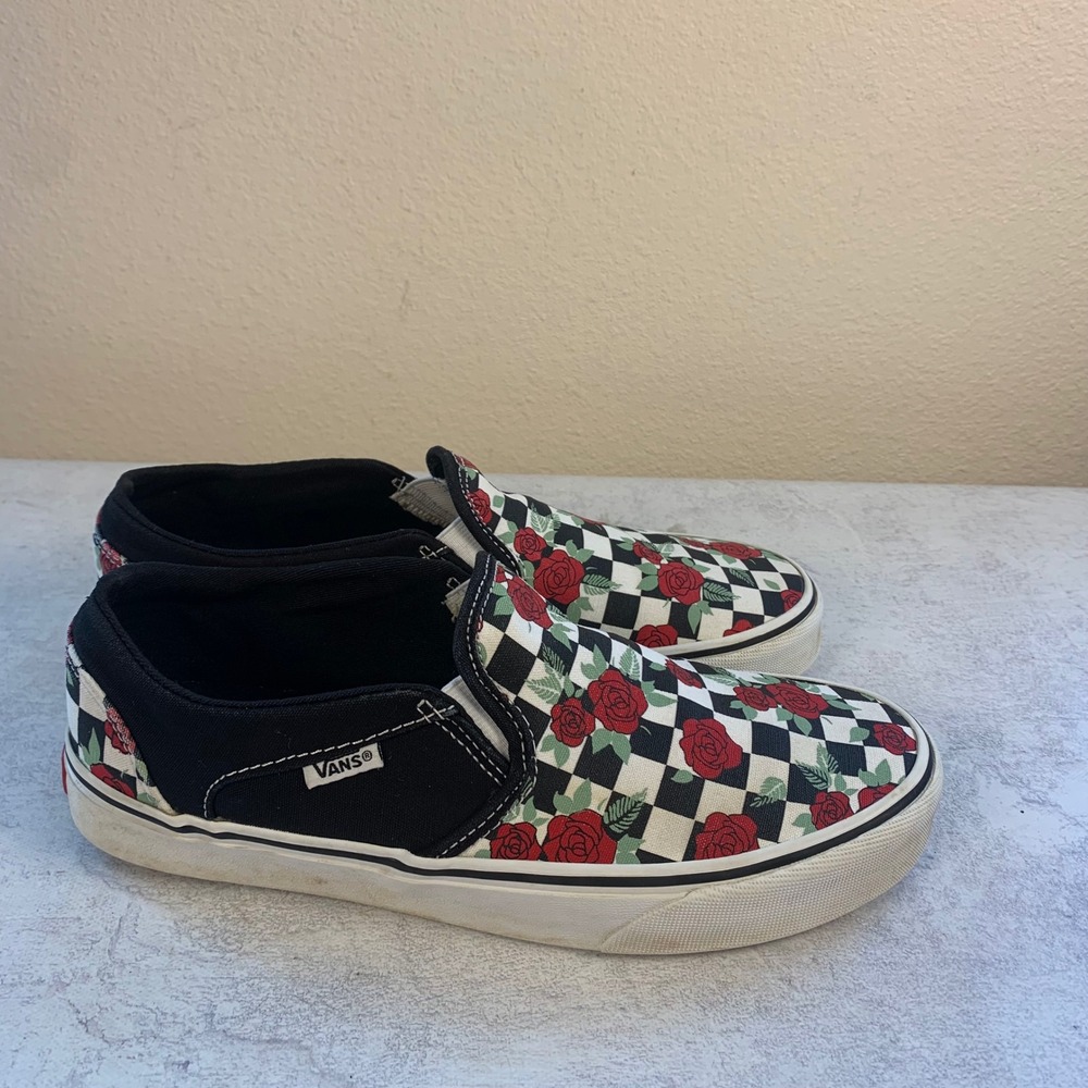 Vans Asher Womens 8 Rose Checkerboard Floral Slip On Sneakers Black White Red - Picture 2 of 10